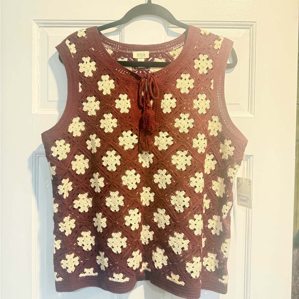 a.n.a Burgundy and Cream Floral Crochet Tank Top
